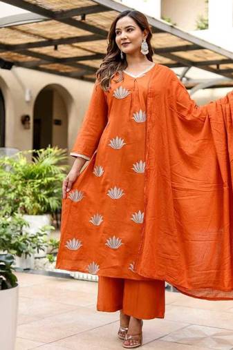 Cotton satin a-line kurti-pant-dupatta set