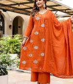 Cotton satin a-line kurti-pant-dupatta set