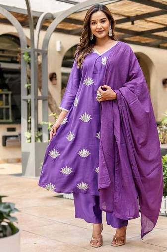 Cotton satin a-line kurti-pant-dupatta set