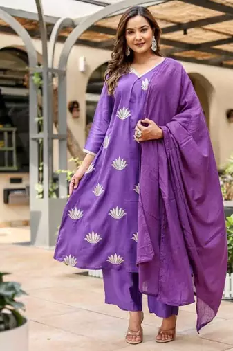 Cotton satin a-line kurti-pant-dupatta set