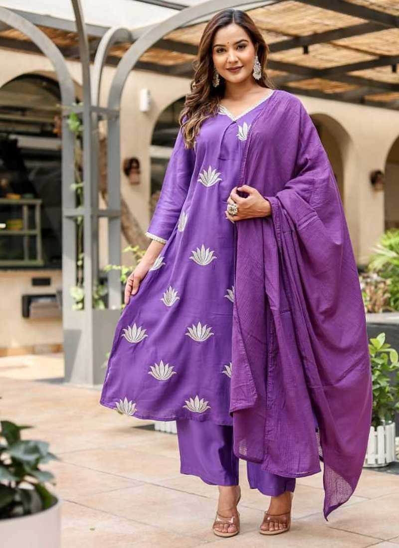 Cotton satin a-line kurti-pant-dupatta set