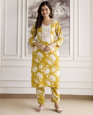 Trendmalls Yellow Cotton Slub Magic Printed Kurta Pant Embroidery Neck Work Kurta Set  1