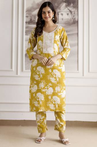 Yellow Cotton Slub Magic Printed Kurta Pant Embroidery Neck Work Kurta Set 