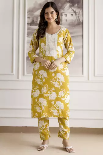 Yellow Cotton Slub Magic Printed Kurta Pant Embroidery Neck Work Kurta Set 