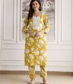 Yellow Cotton Slub Magic Printed Kurta Pant Embroidery Neck Work Kurta Set 