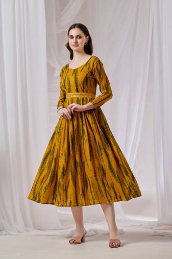 Mustard color poly georgette anarkali digital printed gown