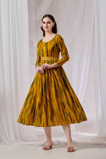 Mustard color poly georgette anarkali digital printed gown