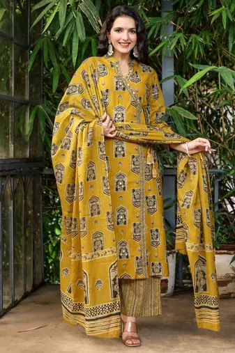 Cotton printed angrakha kurti-pant-dupatta set
