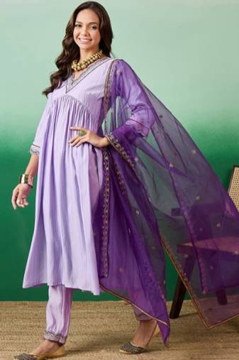Purple Chanderi Silk Embroidery Work Kurta Pant with Dupatta Set