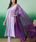Trendmalls Purple Chanderi Silk Embroidery Work Kurta Pant with Dupatta Set