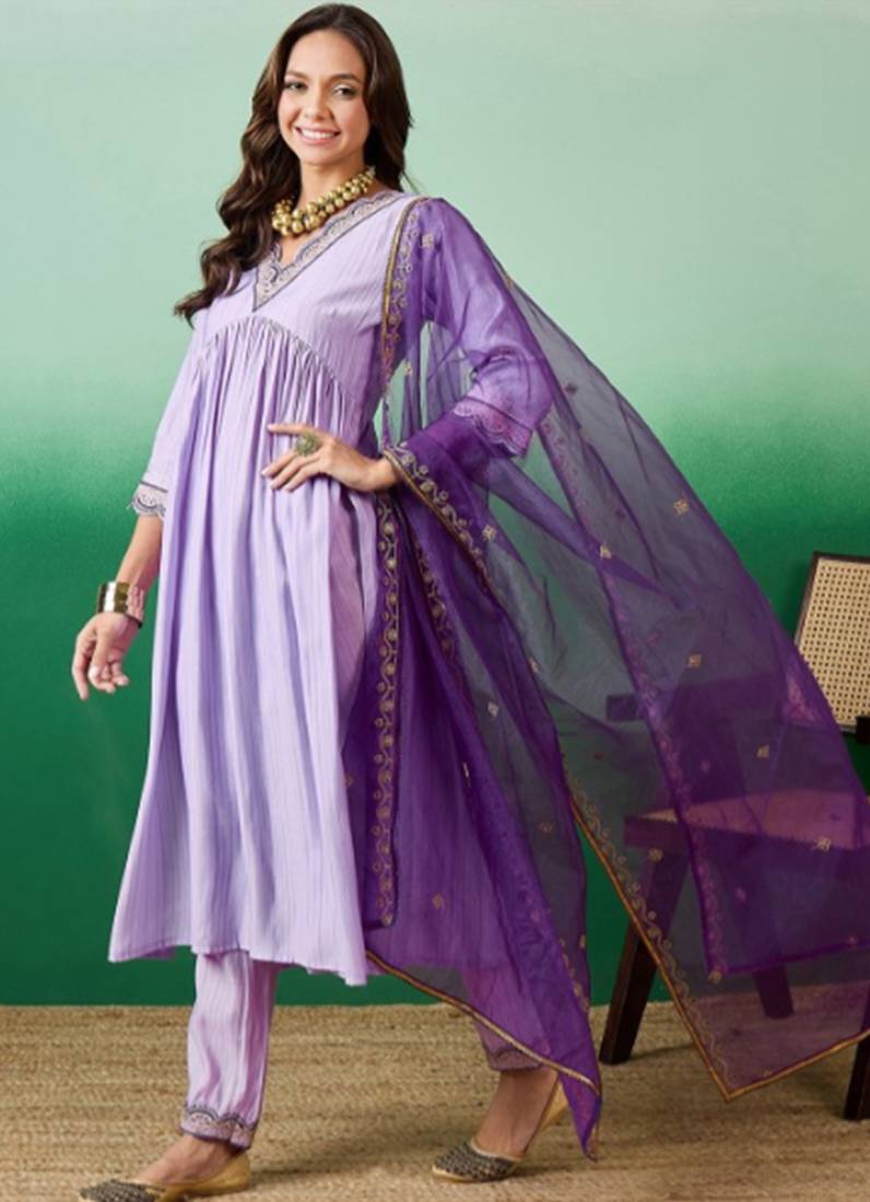 Purple Chanderi Silk Embroidery Work Kurta Pant with Dupatta Set