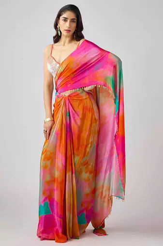 Multicolor printed crepe saree