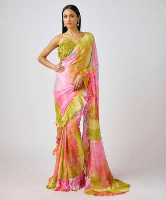Pink  printed chinon saree 1