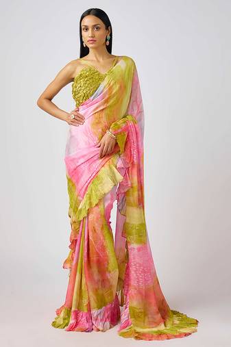 Pink  printed chinon saree