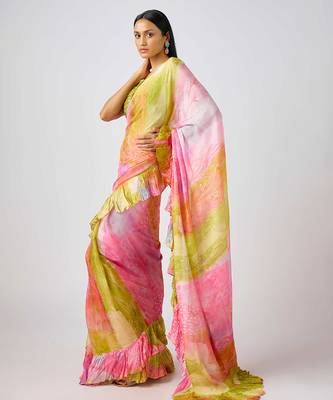Pink  printed chinon saree 2