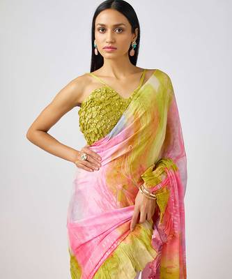 Pink  printed chinon saree 3