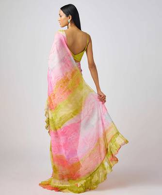 Pink  printed chinon saree 4