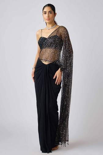 Black plain net saree