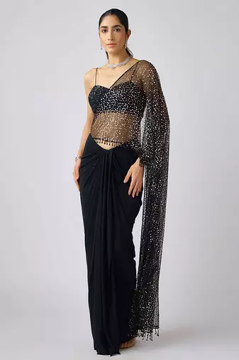 Black plain net saree