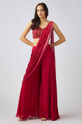 Red plain nylon saree