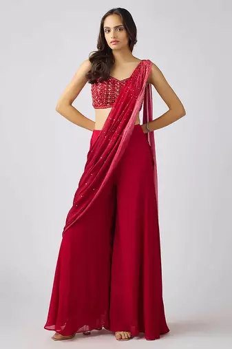 Red plain nylon saree