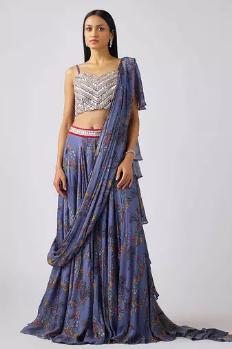 Blue printed nylon saree