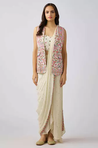 Ivory  printed nylon saree with jacket