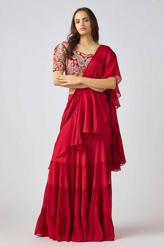 Red plain nylon saree