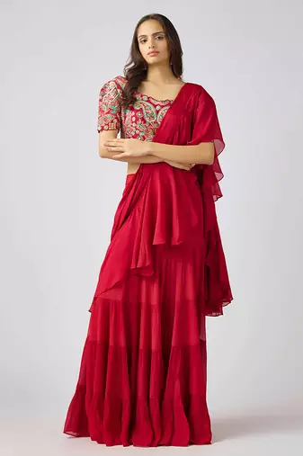 Red plain nylon saree