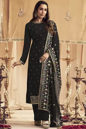Black Georgette Embroidery Sequence Work Kurta Pant with Dupatta Set For Women