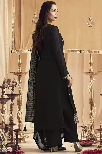 Trendmalls Black Georgette Embroidery Sequence Work Kurta Pant with Dupatta Set For Women