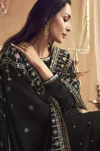 Trendmalls Black Georgette Embroidery Sequence Work Kurta Pant with Dupatta Set For Women