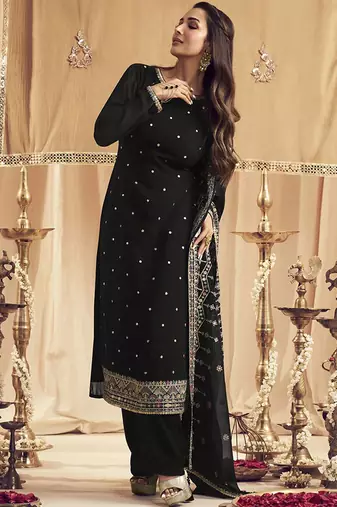 Trendmalls Black Georgette Embroidery Sequence Work Kurta Pant with Dupatta Set For Women