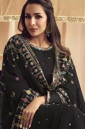 Trendmalls Black Georgette Embroidery Sequence Work Kurta Pant with Dupatta Set For Women