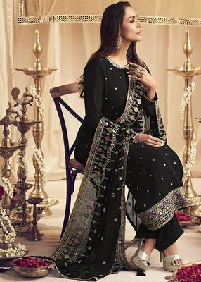 Black Georgette Embroidery Sequence Work Kurta Pant with Dupatta Set For Women 8