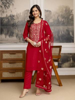 Red Chanderi Silk Embroidery Sequence Work Kurta Pant with Dupatta Set  1