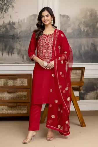 Trendmalls Red Chanderi Silk Embroidery Sequence Work Kurta Pant with Dupatta Set 