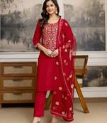 Trendmalls Red Chanderi Silk Embroidery Sequence Work Kurta Pant with Dupatta Set 