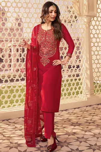 Red Chanderi Silk Embroidery Sequence Work Kurta Pant with Dupatta Set 