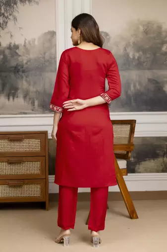Trendmalls Red Chanderi Silk Embroidery Sequence Work Kurta Pant with Dupatta Set 