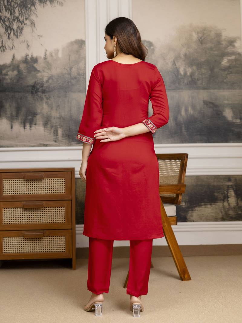 Trendmalls Red Chanderi Silk Embroidery Sequence Work Kurta Pant with Dupatta Set 