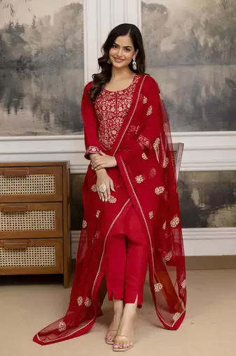 Trendmalls Red Chanderi Silk Embroidery Sequence Work Kurta Pant with Dupatta Set 