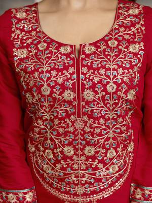 Red Chanderi Silk Embroidery Sequence Work Kurta Pant with Dupatta Set  5