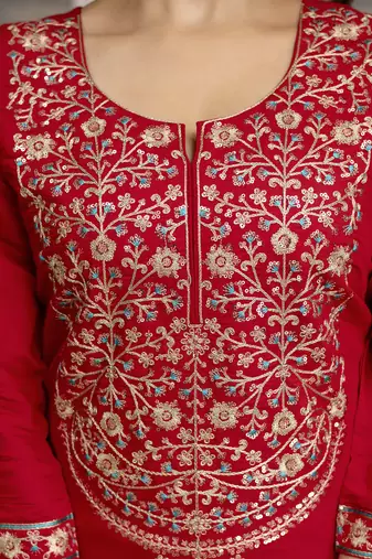 Trendmalls Red Chanderi Silk Embroidery Sequence Work Kurta Pant with Dupatta Set 