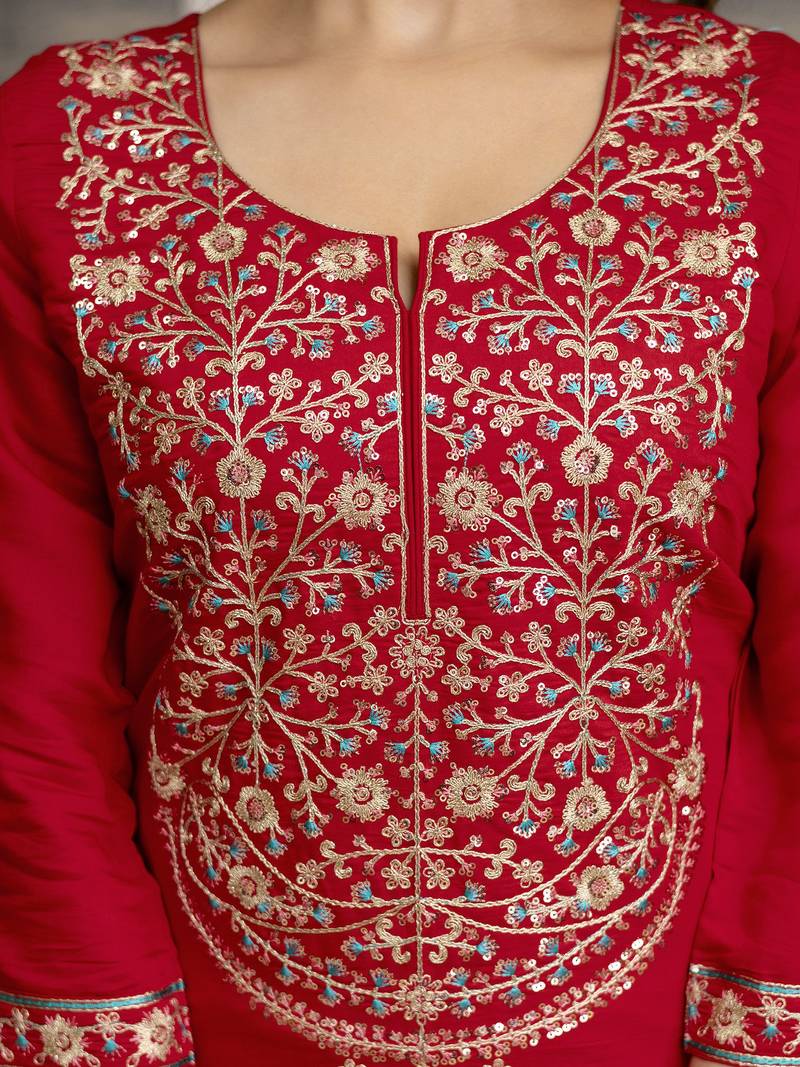Trendmalls Red Chanderi Silk Embroidery Sequence Work Kurta Pant with Dupatta Set 