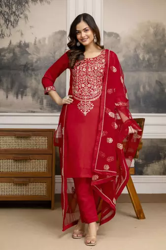 Trendmalls Red Chanderi Silk Embroidery Sequence Work Kurta Pant with Dupatta Set 