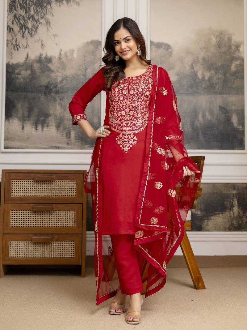 Trendmalls Red Chanderi Silk Embroidery Sequence Work Kurta Pant with Dupatta Set 