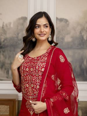 Red Chanderi Silk Embroidery Sequence Work Kurta Pant with Dupatta Set  7