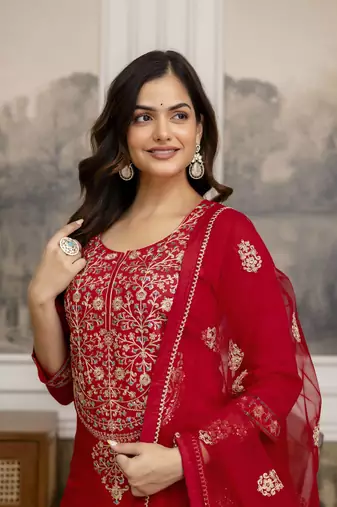 Trendmalls Red Chanderi Silk Embroidery Sequence Work Kurta Pant with Dupatta Set 