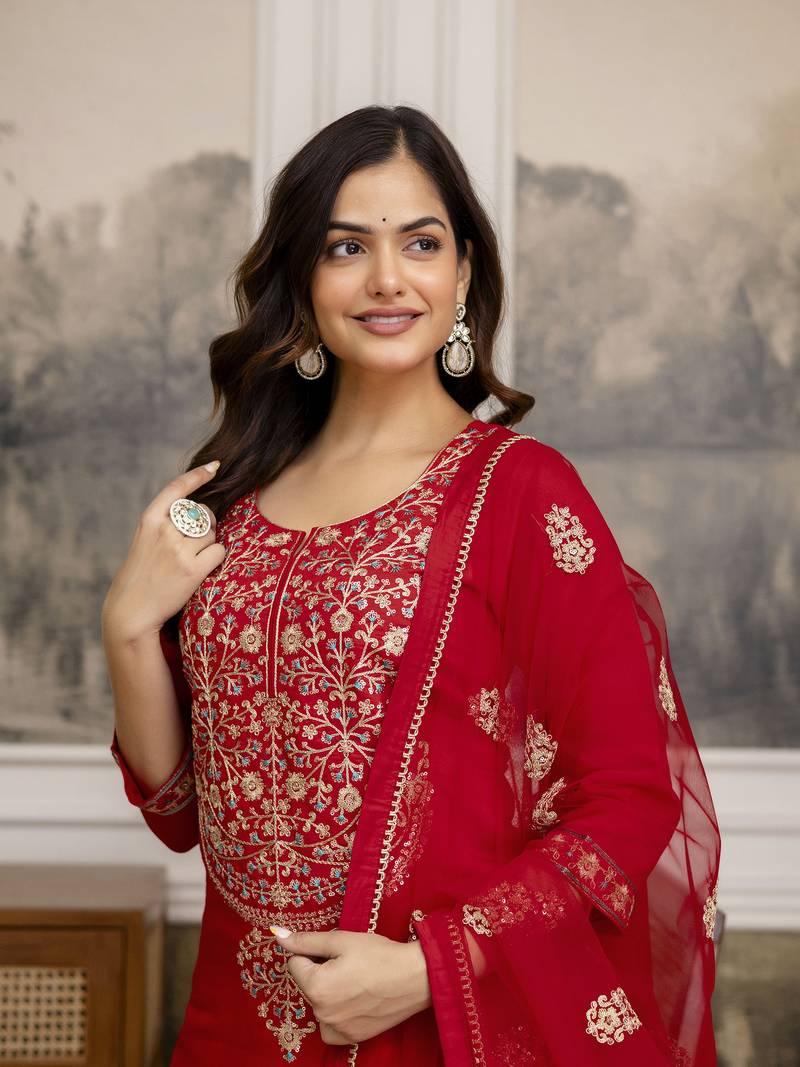 Trendmalls Red Chanderi Silk Embroidery Sequence Work Kurta Pant with Dupatta Set 